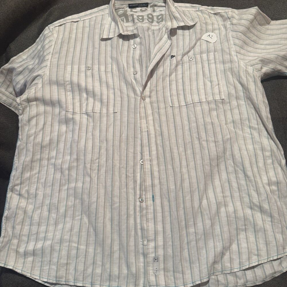 Rocawear Mens Button Up Shirt 2XL Double Extra Large Striped Short Sleeve
